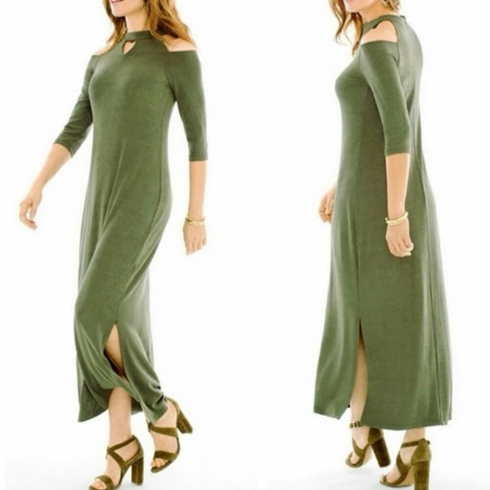 Chico's Travelers Olive Green Cold Shoulder Halter Maxi Dress Size 8 Chico's 1
